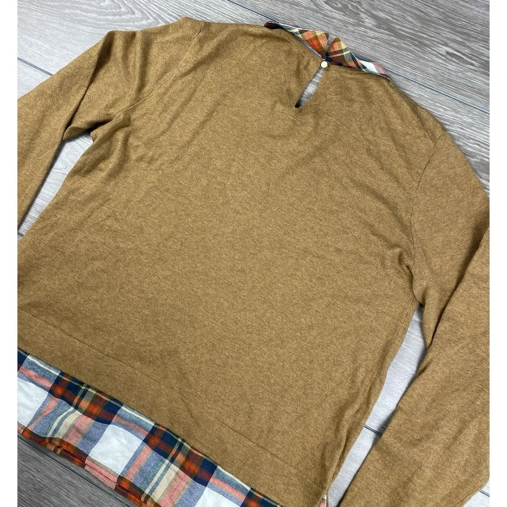 J Crew Women's Long Sleeve Plaid Accent Collar & Hem Sweater‎ Brown Size Large